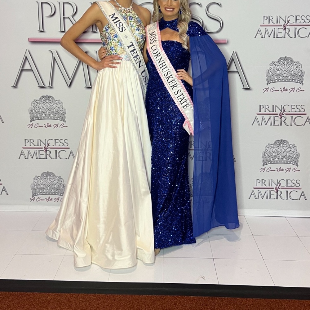 Royal Blue Strapless Gown With Cape